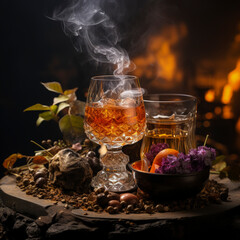 Fototapeta premium Luxurious Brandy with Smoke and Floral Accents - Exquisite Beverage Presentation Ai Generated