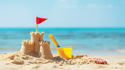 A simple, small sand castle is shown in the foreground with a blue sea background. The sand castle has a flag toy and bucket placed near it on the sunny beach day