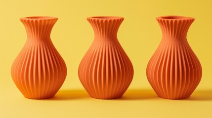 Three orange ribbed vases arranged in a row against a bright yellow background. The vases have a unique, modern design with a fluted texture, creating an eye-catching visual effect
