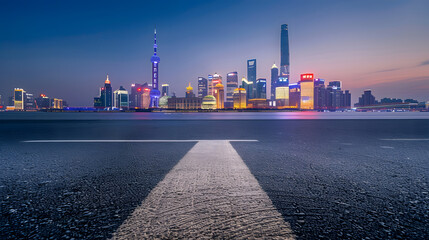 Asphalt road square and city skyline with modern buildings at dusk in Shanghai Famous Bund landmark in Shanghai : Generative AI