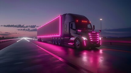 Semi truck Gliding on Neon Lit Highway at Night Futuristic Transportation Concept with Glowing Lights and Atmospheric Surroundings