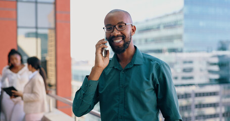 Black man, business phone call and discussion, communication and networking outdoor, plan or negotiation at law firm. Lawyer on rooftop, deal or project with connection, chat and corporate contact