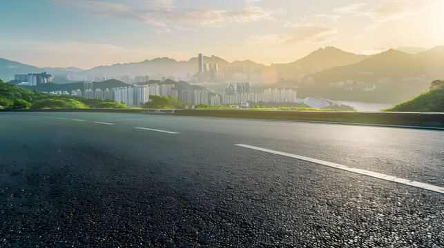 Asphalt road and green mountains with city skyline landscape at sunrise high angle view : Generative AI