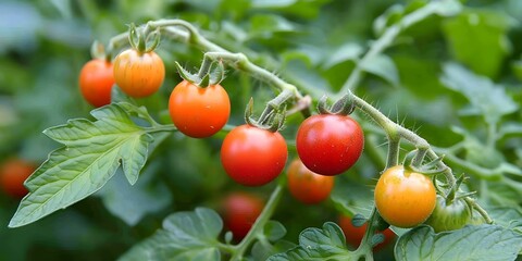 Growing Sweet 100 Tomato plant producing small cherry tomatoes changing color. Concept Gardening, Plant Care, Tomato Plants, Sweet 100 Tomatoes, Cherry Tomatoes