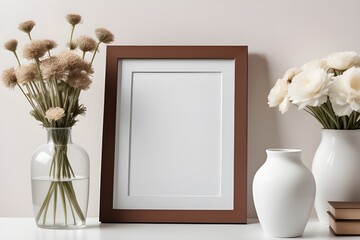 Mockup poster frame close up leaning against the wall with flowers vase, interior mockup design, frame mockup