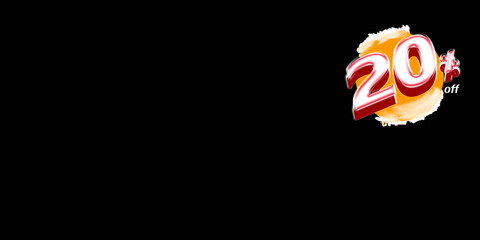 20% discount template. Red and white 3D letters in an orange circle. Illustration used for promotional advertising. on a black background