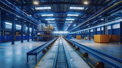Fototapeta premium Cinematic view of a contemporary industrial factory with blue steel machinery and automated conveyor systems for manufacturing