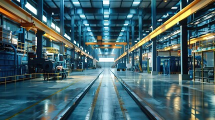 Cinematic view of a contemporary industrial factory with blue steel machinery and automated conveyor systems for manufacturing