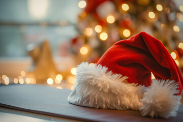 santa claus cap on the floor, A close-up shot captures a yoga mat adorned with a Santa Claus hat, set against the backdrop of a home decorated for Christmas and New Year