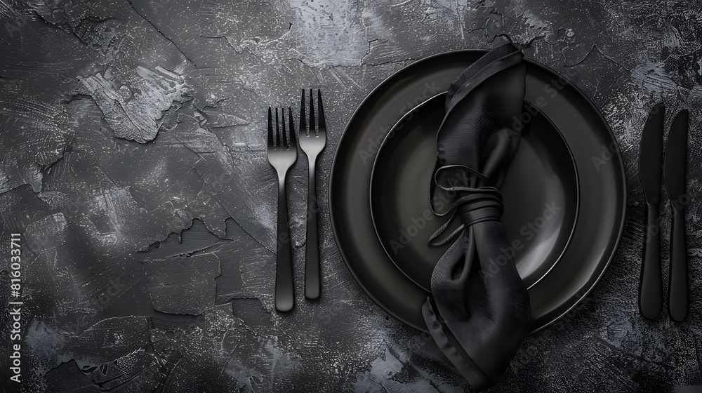 Leinwandbilder black empty plate cutlery and napkin on a stone table top view table setting : generative ai