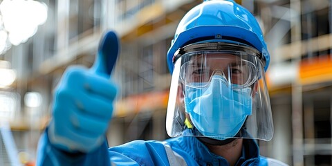 Foreman in Personal Protective Equipment (PPE) giving thumbs up at construction site as a safety measure. Concept Construction Safety, Foreman in PPE, Construction Site, Thumbs Up Gesture