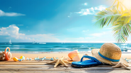Obraz premium A summer background with beach accessories and flipflops on a wooden floor. A view of the sea, a palm tree, a blue sky and sunshine