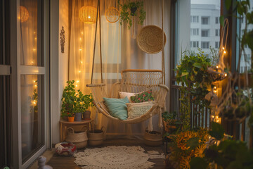 swinging chair in the balcony,A cozy boho-style balcony interior design invites relaxation with a swinging chair, natural decorations, and potted green plants