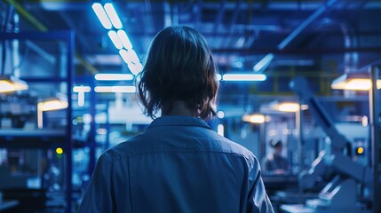 Female factory worker with her back to the camera, operating an industrial robot in a manufacturing plant, observing the production process, cinematic lighting
