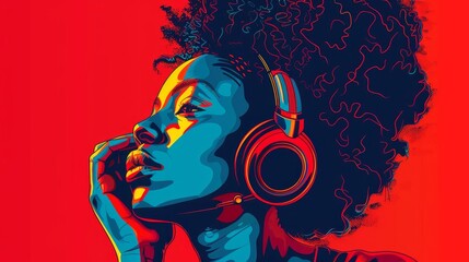 vibrant portrait of african american woman listening to music red pop art