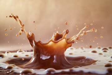 splash of milk, A mesmerizing caramel splash creates a symphony of textures and colors, as milk, sauce, and chocolate liquid blend together in a tantalizing display