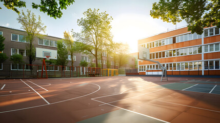 Schoolyard with basketball court and school building exterior in the sunny evening School yard with playground : Generative AI