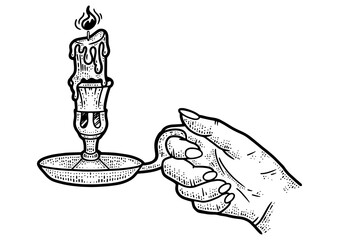 candlestick in hand sketch engraving PNG illustration. T-shirt apparel print design. Scratch board imitation. Black and white hand drawn image.