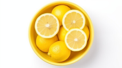 lemons filled yellow bowl with whole and sliced lemons on white background