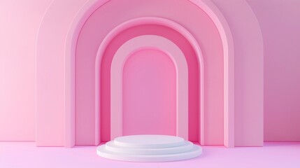 Obraz premium A minimalist stage design featuring a series of pink arches and a circular platform. The background is a soft pink gradient, creating a modern and elegant atmosphere