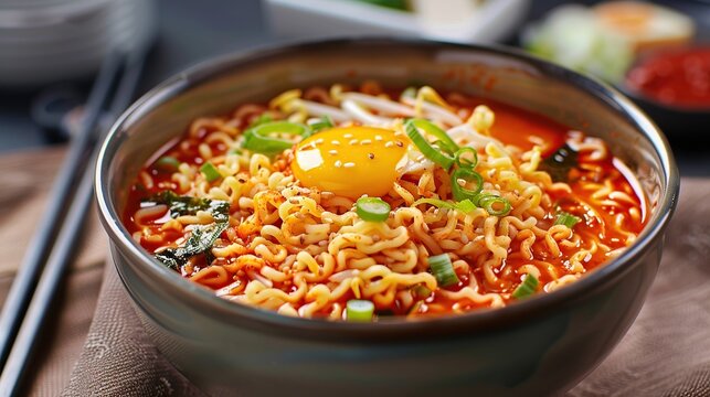 Ramyeon Korean food with boiled egg. Generative Ai