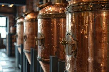 Shiny copper brewing vats lined up in a craft beer production facility with selective focus