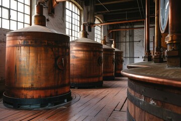 Exploring the vintage interior of a traditional brewery with copper vats and wooden barrels