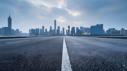 Empty asphalt road and city skyline with modern buildings scenery in Hangzhou China : Generative AI