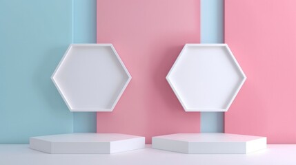 Minimalist geometric display with hexagonal shelves against pastel pink and blue background