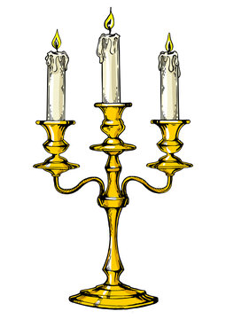 Vintage candelabrum with candles color sketch engraving PNG illustration. T-shirt apparel print design. Scratch board imitation. Black and white hand drawn image.