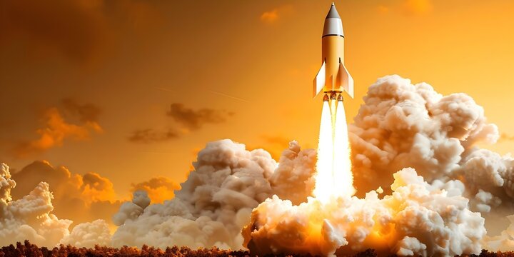 Yellow rocket launching with realistic cloud smoke on yellow background startup concept. Concept Startup Concept, Rocket Launch, Cloud Smoke, Yellow Background, Realistic Theme