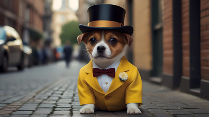 Portrait of a dog in a yellow men's suit in a humorous style