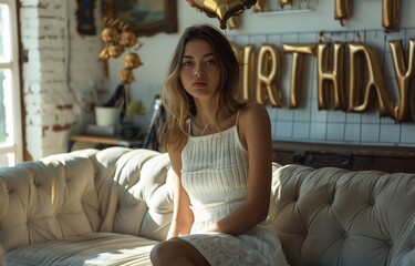 Obraz premium woman in a white dress and heels sits with gold 'HAPPY BIRTHDAY' balloons