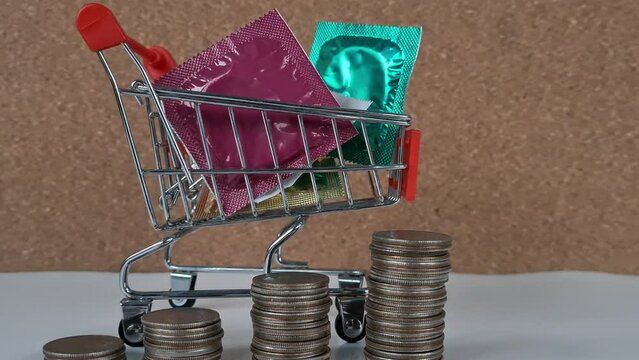 Shopping Cart Filled With Coins and Condoms