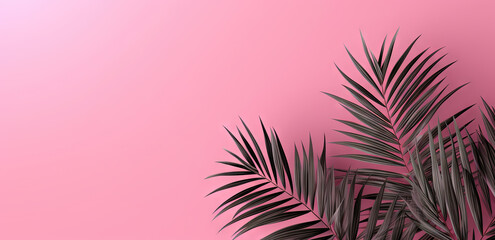 Obraz premium Green leaves of palm tree on pastel pink background.