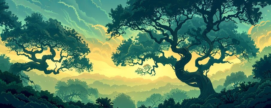 An enchanted forest where ancient trees whisper secrets of times long past, their gnarled branches reaching towards the sky in silent supplication.   illustration.
