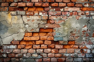 Fototapeta premium Textured background of an old brick wall with cracked and peeling paint, signs of decay
