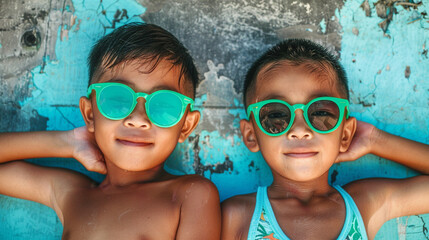 Two young boys wearing green sunglasses are laying on a blue wall