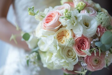 Close-up of a bride holding a delicate arrangement of pastel flowers, highlighting romance and celebration