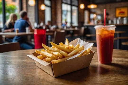 french fries and cold drink are put together on the table, with blurred cafe background