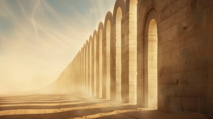 Obraz premium A long, ancient stone aqueduct with multiple arches stretches into the distance in a desert landscape. The scene is bathed in warm, golden sunlight, casting long shadows on the sandy ground