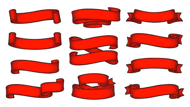 Set of ribbons isolated on white background. Vector engraving