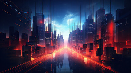 Obraz premium Neon technology city business concept with skyscraper buildings and virtual network connection.