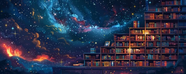 A cosmic library floating amidst the stars, its shelves filled with the collective knowledge of civilizations spanning the galaxy.   illustration.