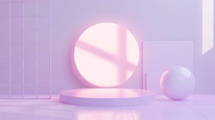 A minimalist interior scene featuring a circular mirror or window, a round sphere, and geometric shapes in soft pastel colors. The lighting creates gentle shadows, enhancing the serene atmosphere