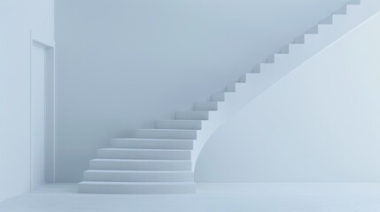 A minimalist interior featuring a white spiral staircase leading to an upper level, with a plain wall and a door on the left. The scene is bright and airy, emphasizing simplicity and modern design