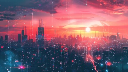 Fototapeta premium Futuristic Cityscape A Digital Painting of a Networked Renewable Energy Grid Infrastructure