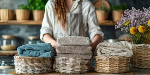 Girl spring cleaning in the kitchen. Piles kitchen towels in baskets. Spring cleaning, decluttering, cleaning space, cleaning agency illustration
