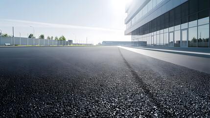 The empty asphalt road is built along modern commercial building : Generative AI