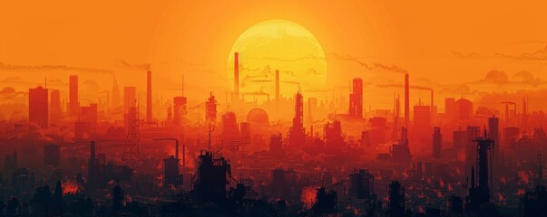 A dystopian megacity engulfed in perpetual smog, where towering smokestacks and industrial complexes blot out the sun.   illustration.